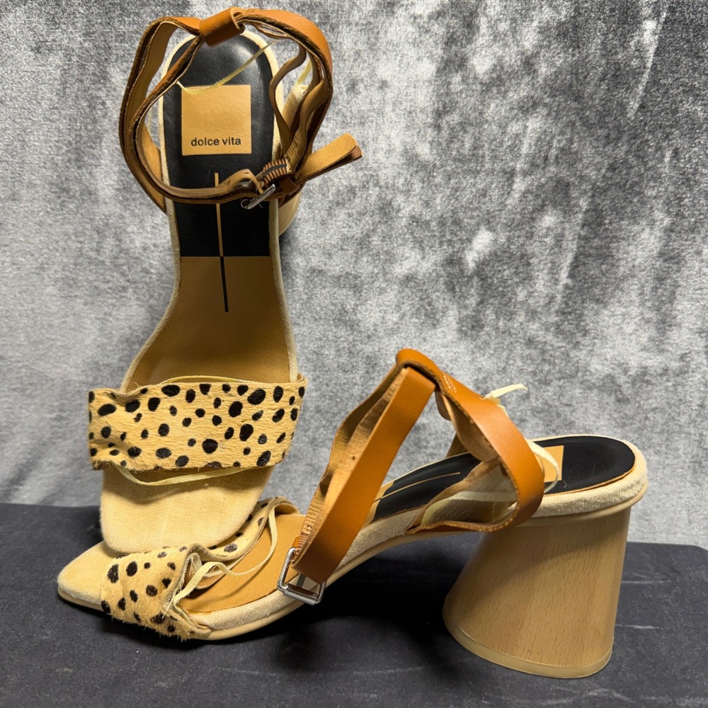 Dolce Vita Heeled Sandals Womens Tan Animal Print Block Heel Size 9 Boho Chic